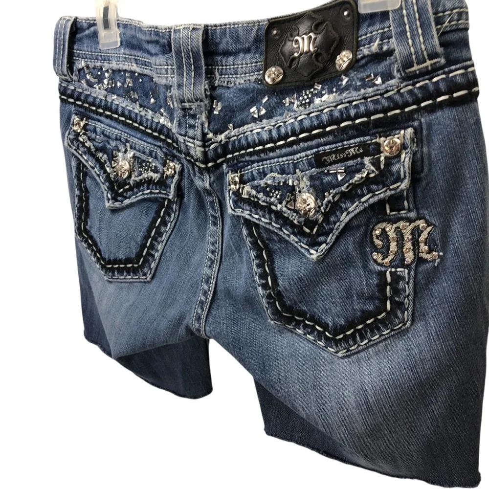 Miss Me Sz 27 Y2K Bling Denim Cutoff Shorts Dark Wash Flap Pocket Low Rise Retro